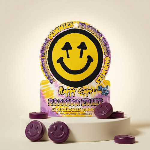 Happy Caps Passion Fruit pouch with purple gummies